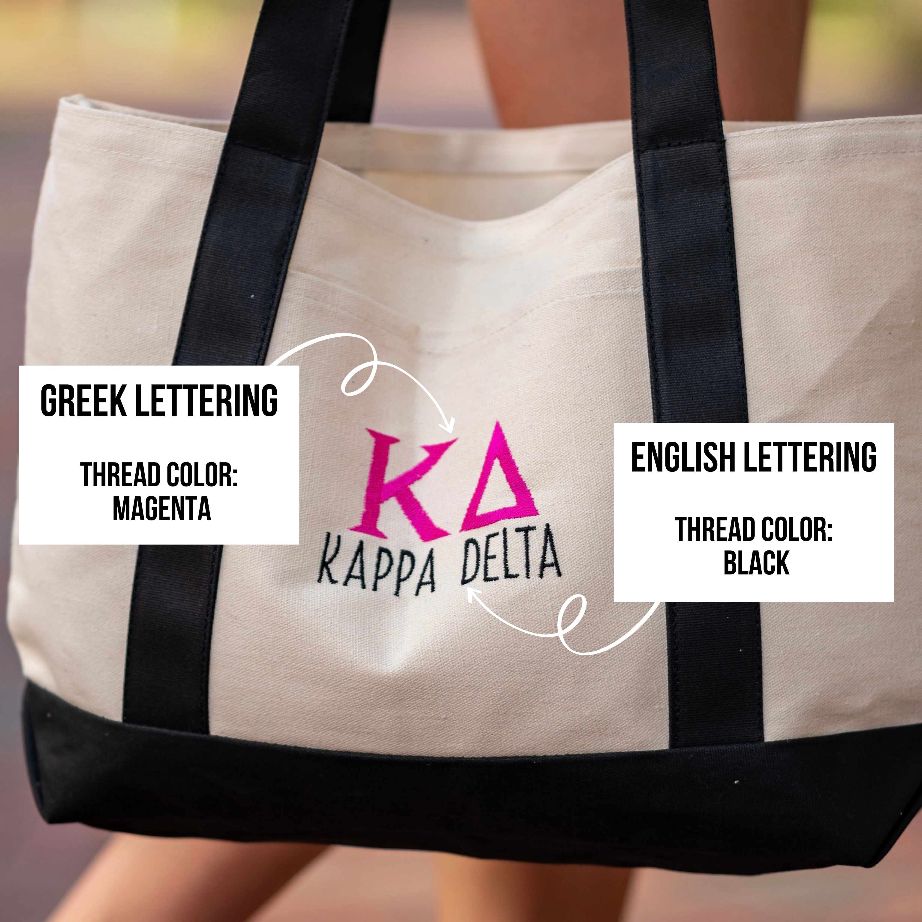 Kappa Delta Sorority Greek Letter Embroidered Canvas Boat Tote Bag