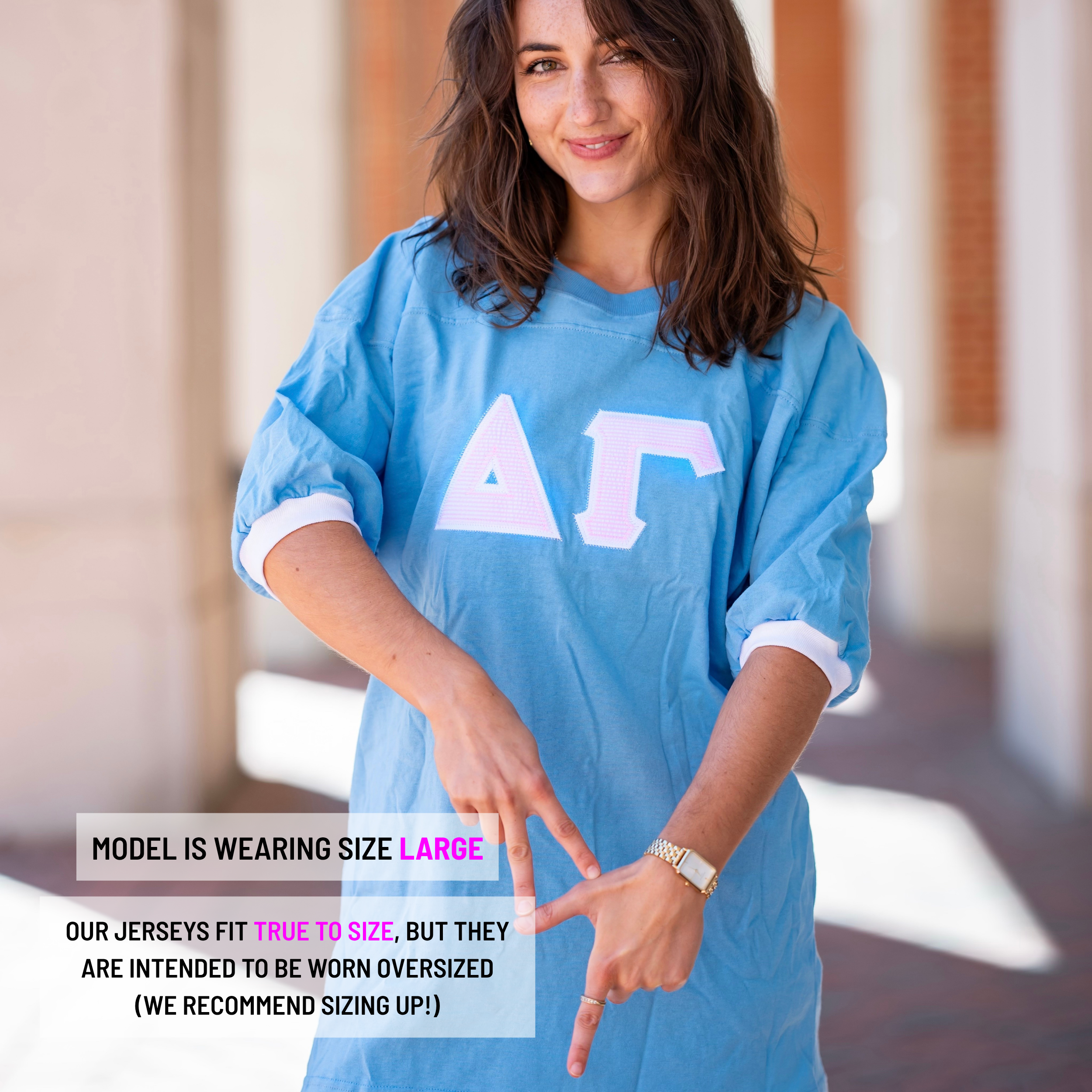 Light Pink Seersucker Greek Letter Crew Neck Jersey - Delta Gamma
