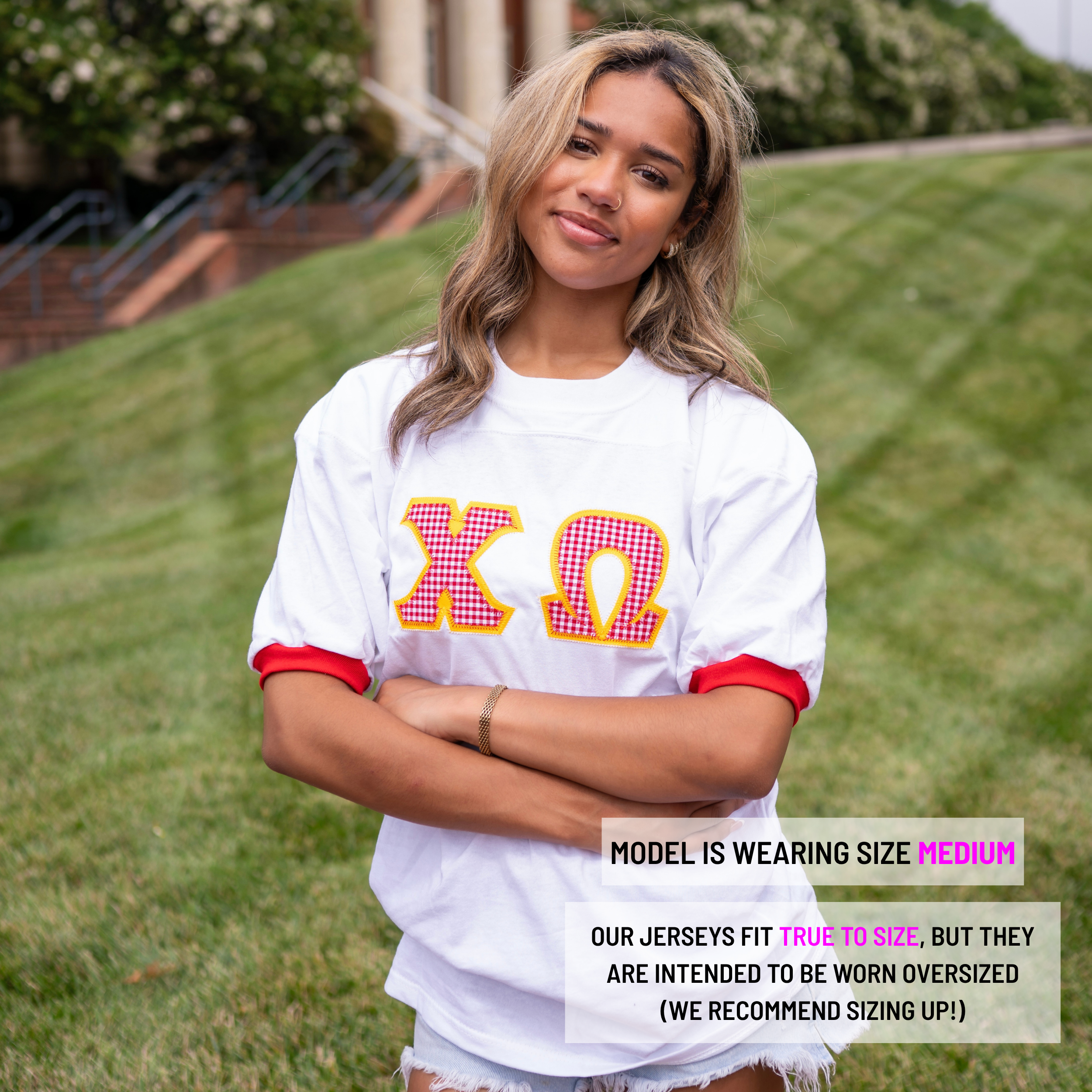 Red Gingham Greek Letter Crew Neck Jersey