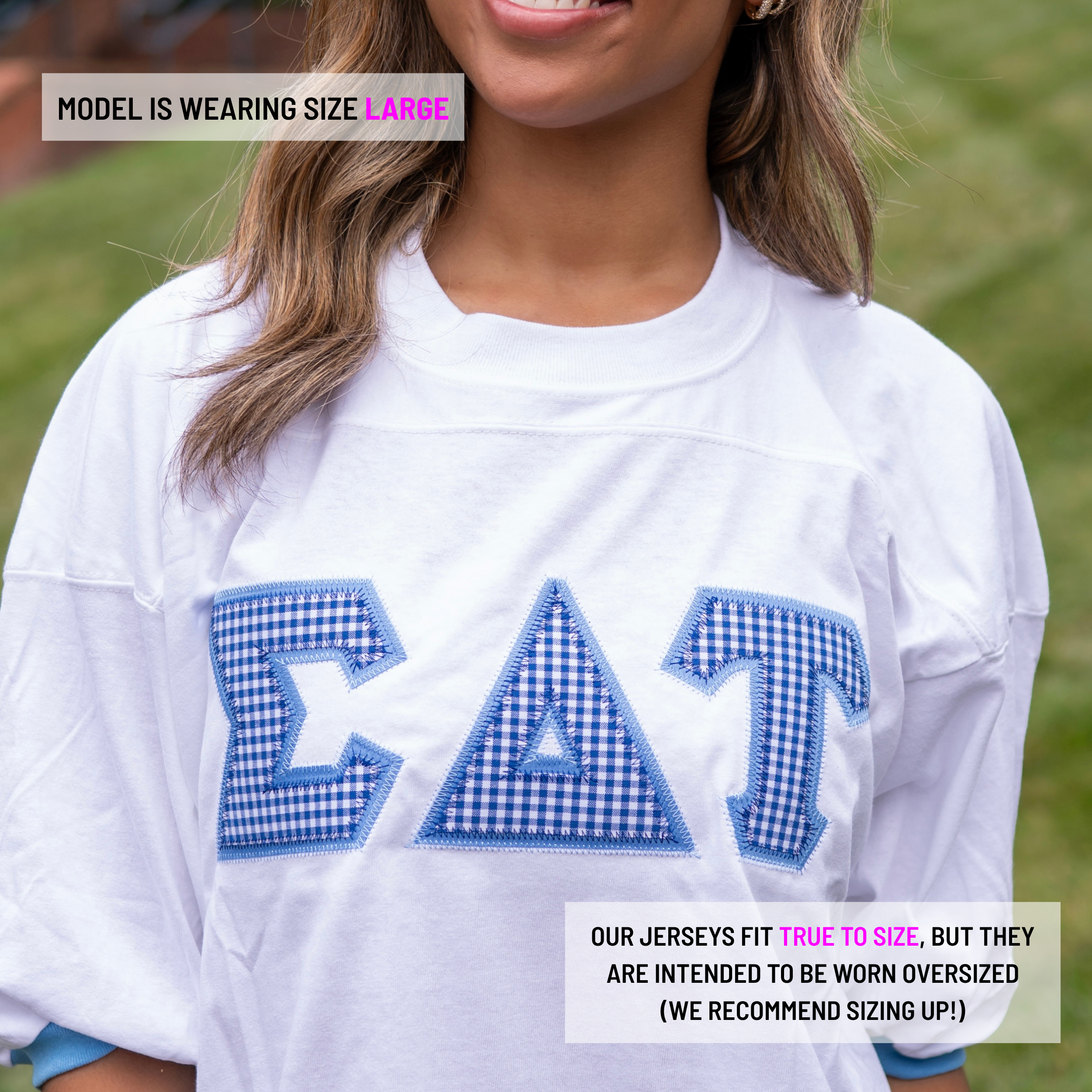 Dark Blue Gingham Greek Letter Crew Neck Jersey