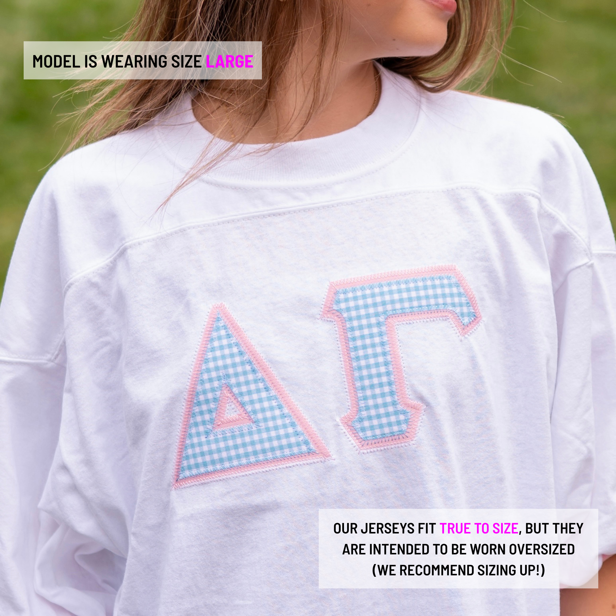 Light Blue Gingham Greek Letter Crew Neck Jersey