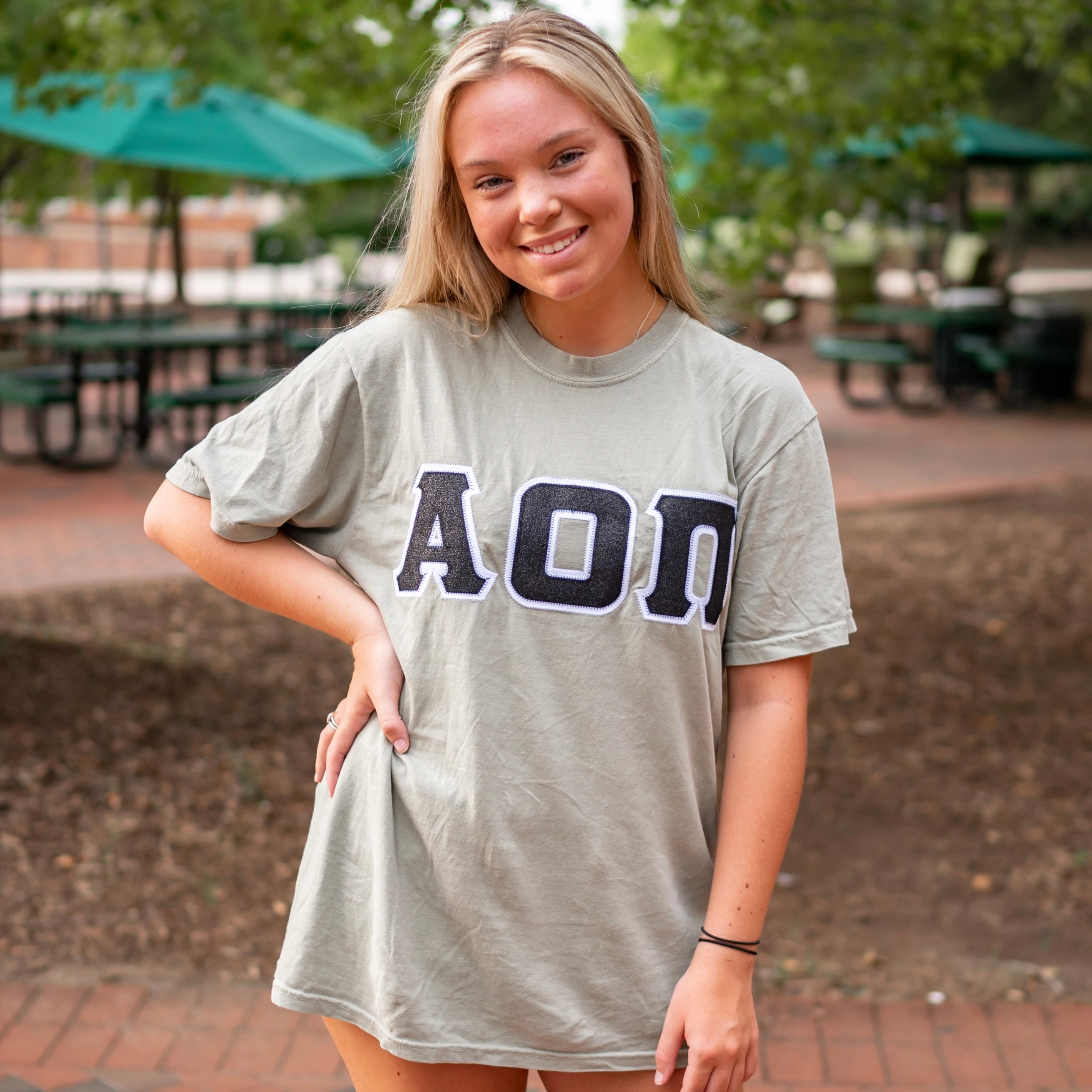 Black Glitter Greek Letter Shirt - Alpha Omicron Pi