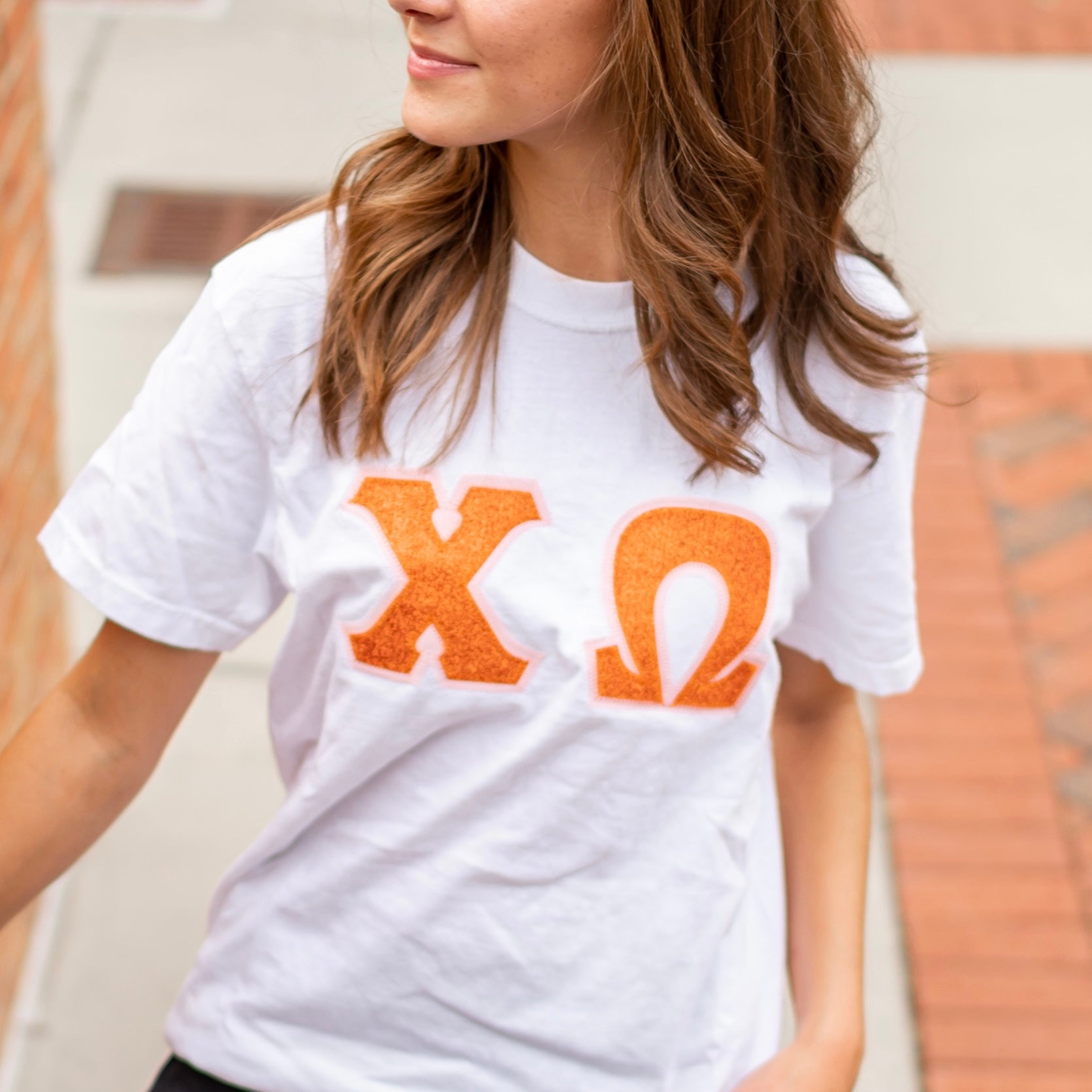 Orange Glitter Greek Letter Shirt - Chi Omega
