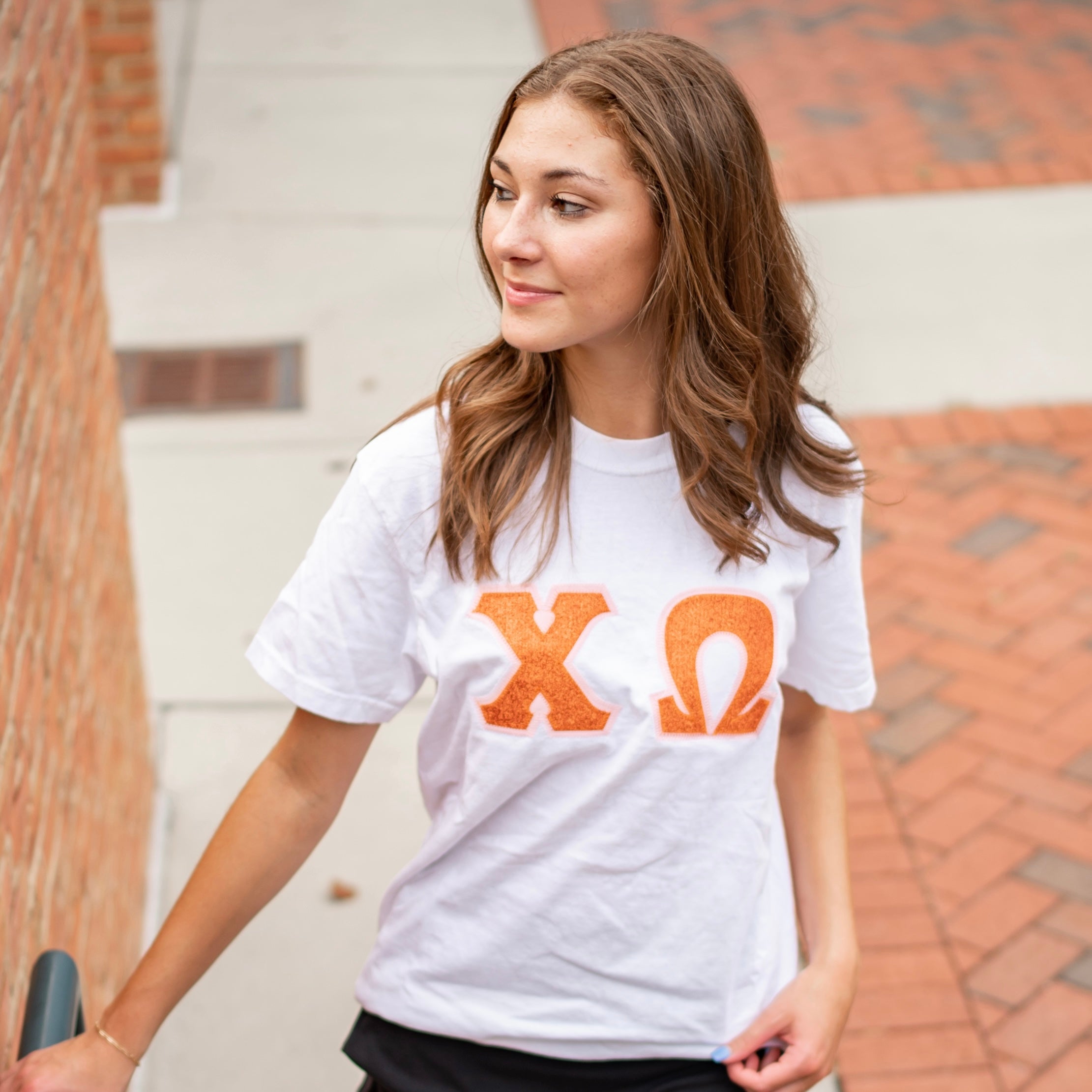 Orange Glitter Greek Letter Shirt - Chi Omega