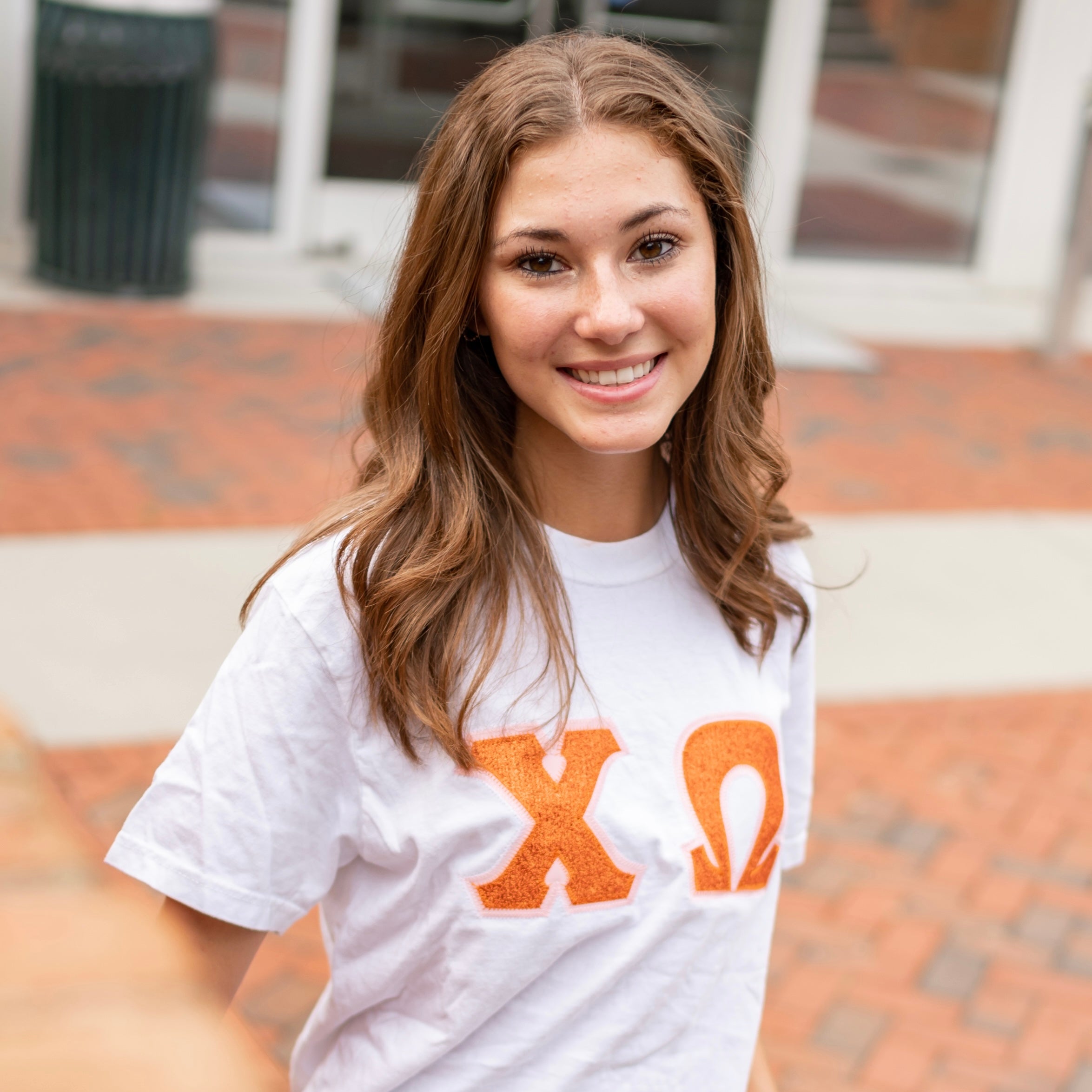 Orange Glitter Greek Letter Shirt - Chi Omega