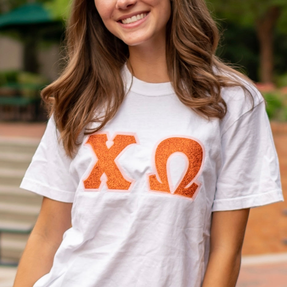 Orange Glitter Greek Letter Shirt - Chi Omega