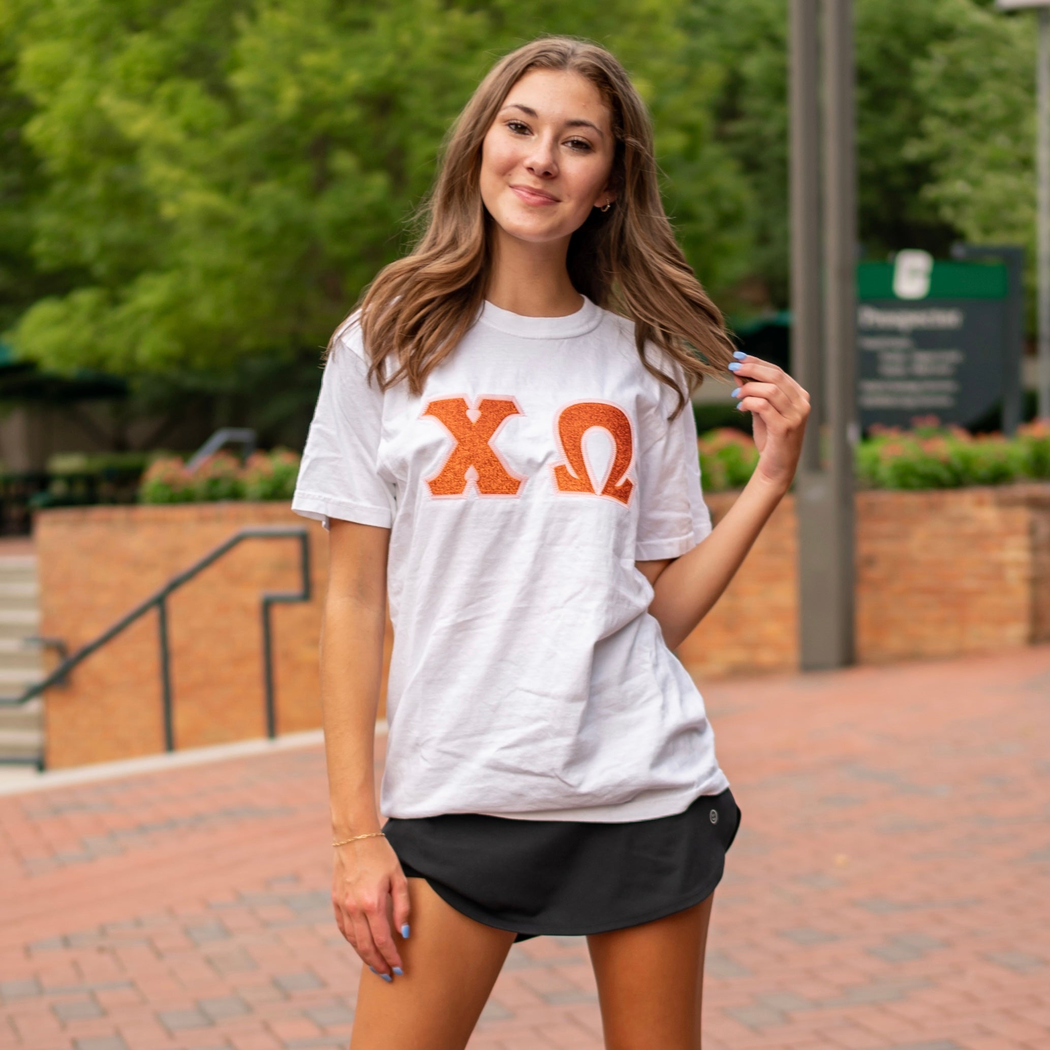 Orange Glitter Greek Letter Shirt - Chi Omega