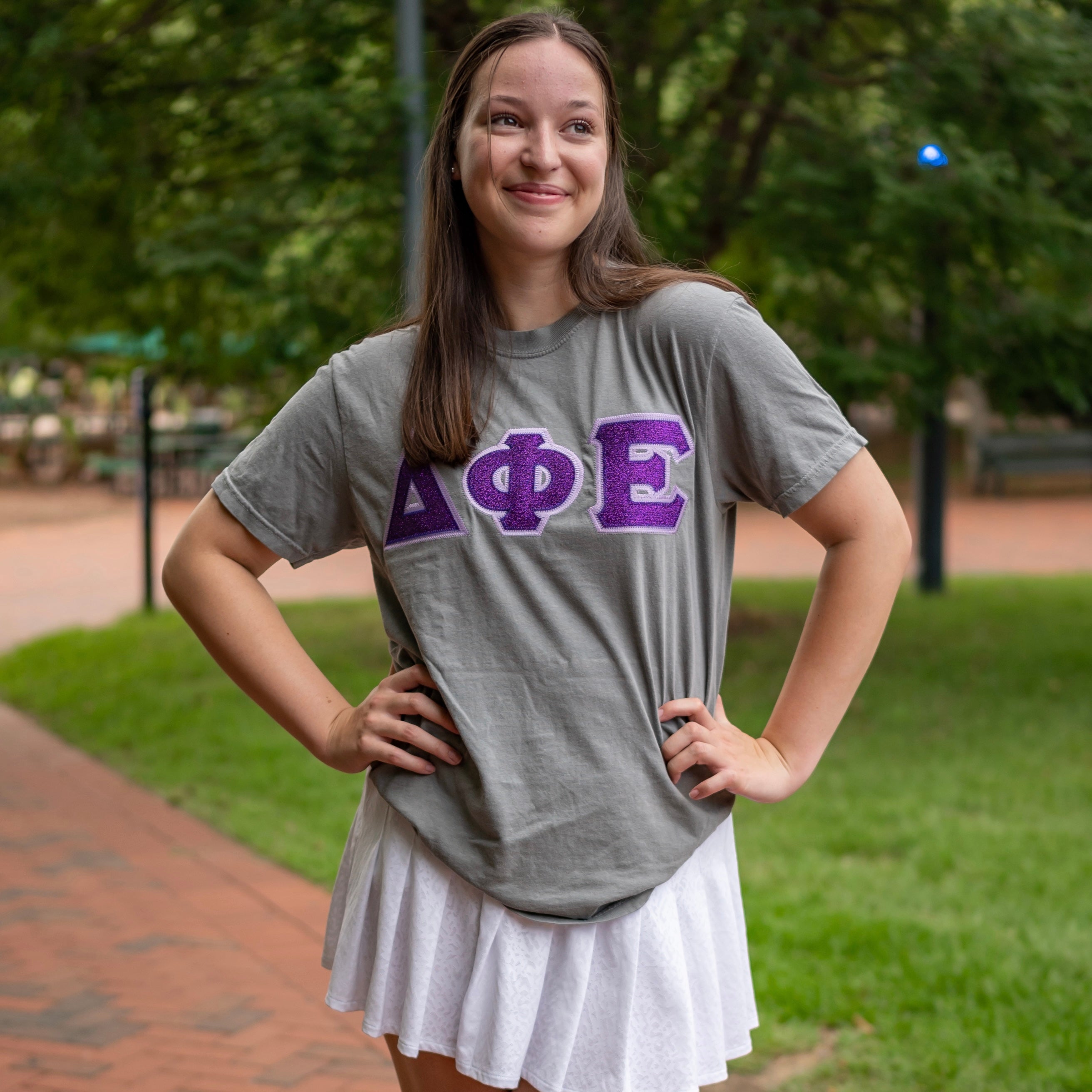 Purple Glitter Greek Letter Shirt - Delta Phi Epsilon