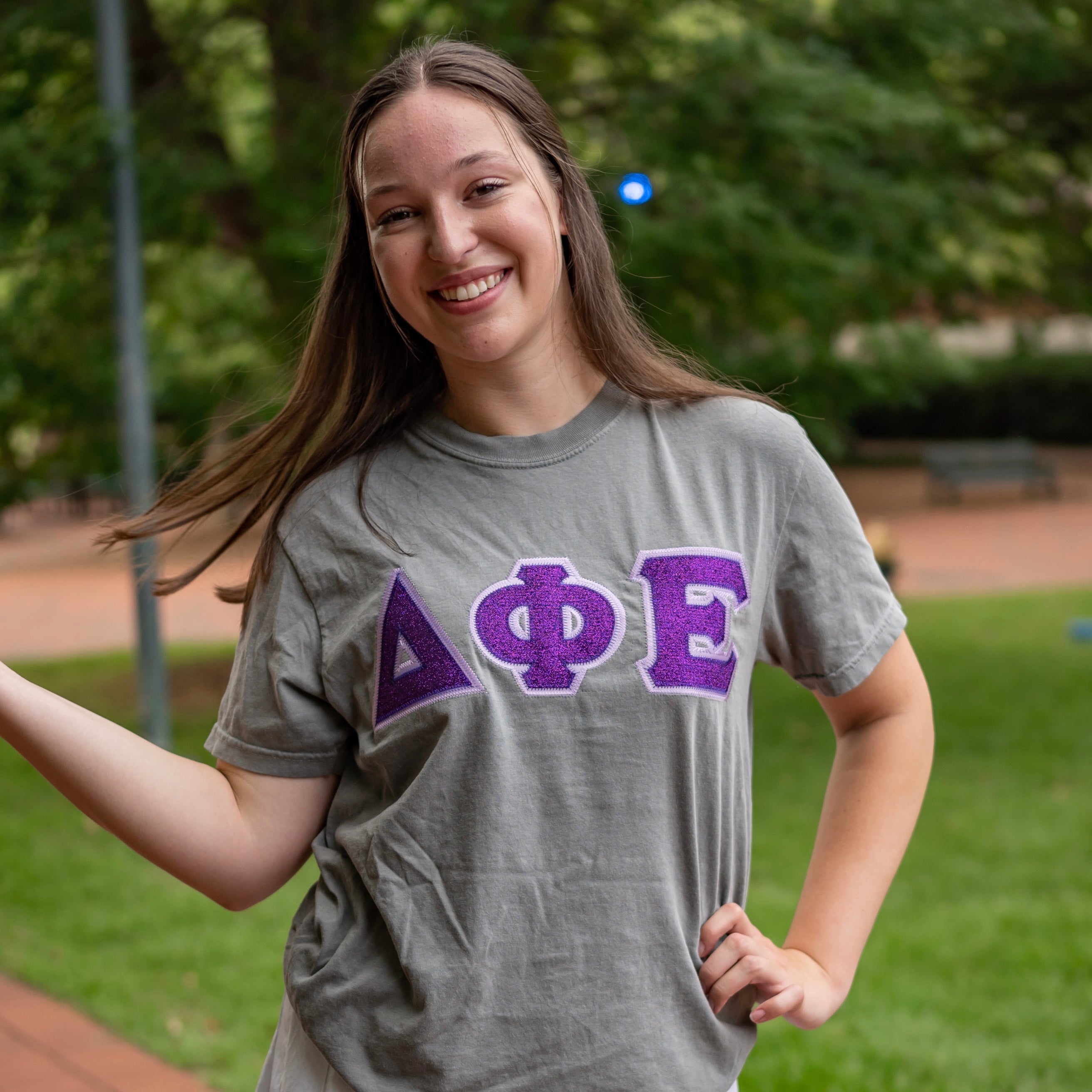 Purple Glitter Greek Letter Shirt - Delta Phi Epsilon