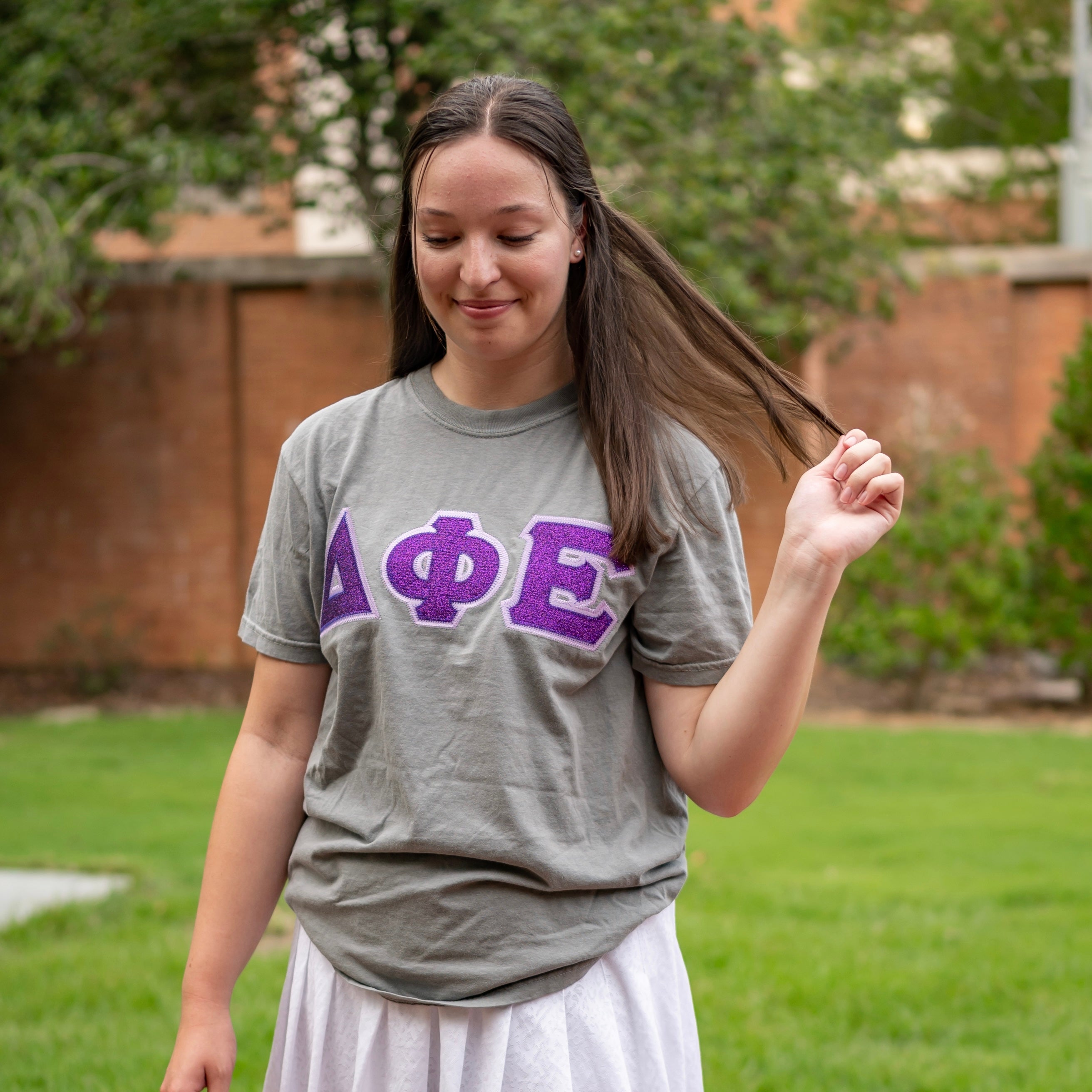 Purple Glitter Greek Letter Shirt - Delta Phi Epsilon