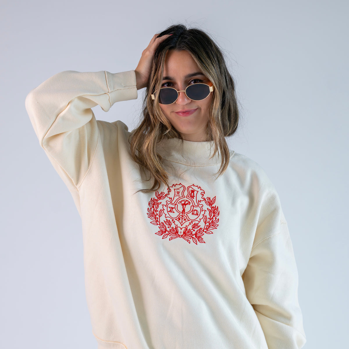 Embroidered Sorority Crest Mockneck Sweatshirt
