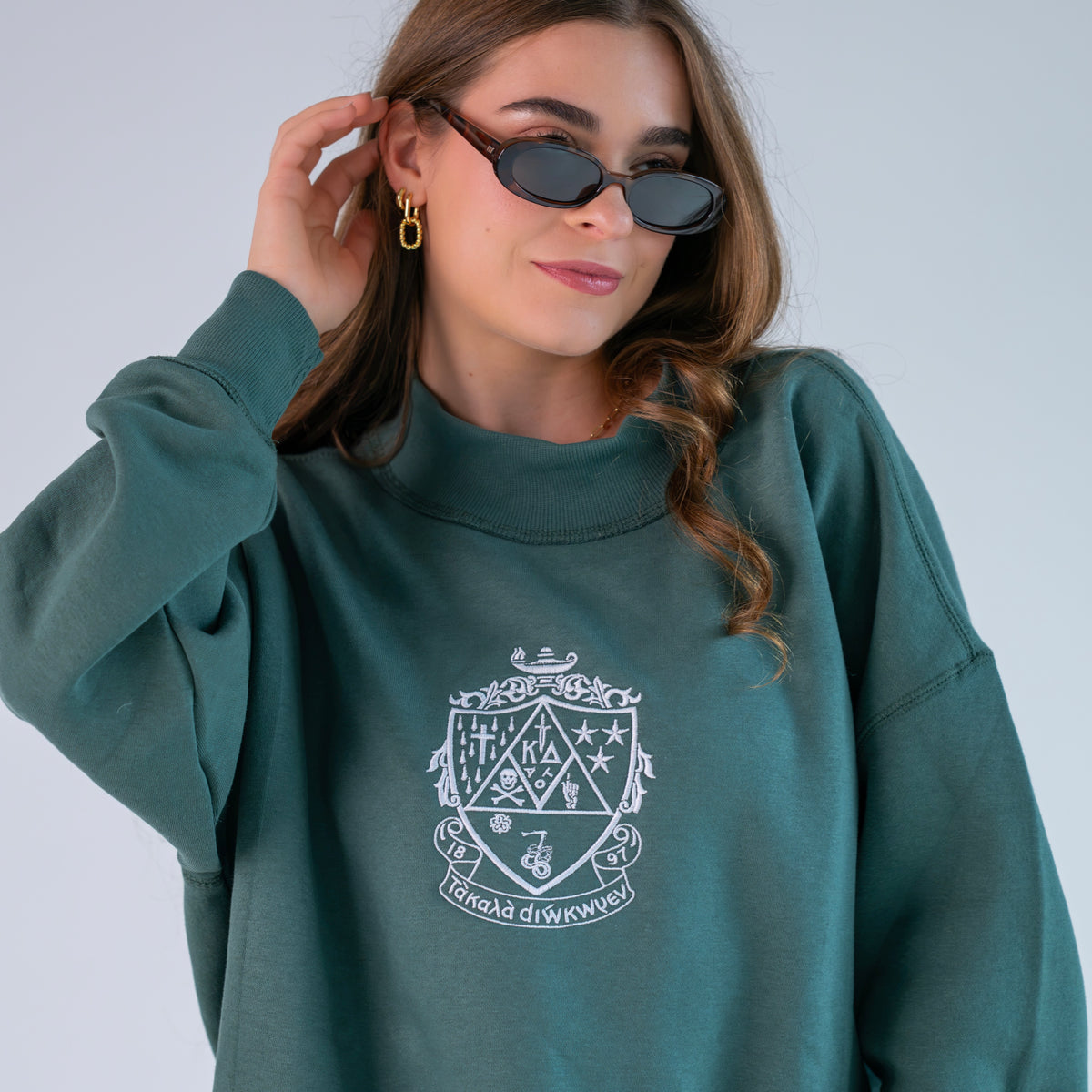 Embroidered Sorority Crest Mockneck Sweatshirt