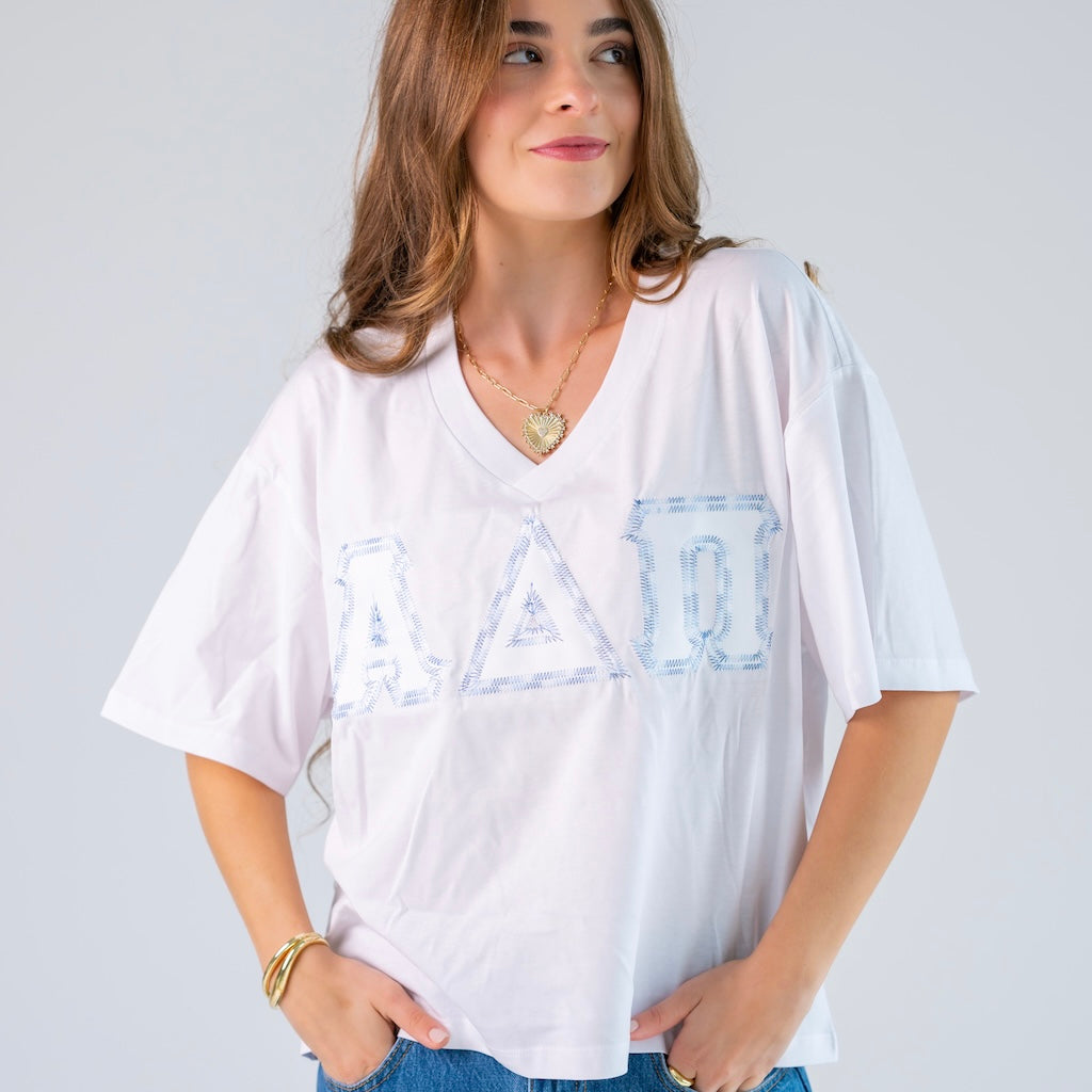 Rainbow Thread Greek Letter Slouchy V-Neck Shirt