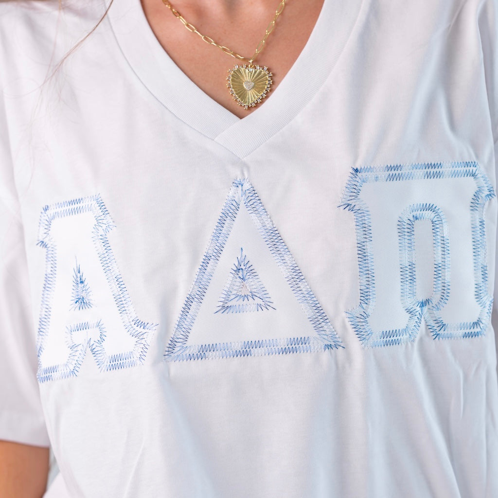 Rainbow Thread Greek Letter Slouchy V-Neck Shirt