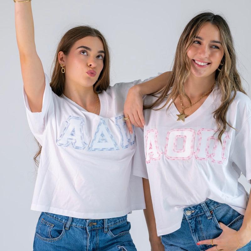 Rainbow Thread Greek Letter Slouchy V-Neck Shirt