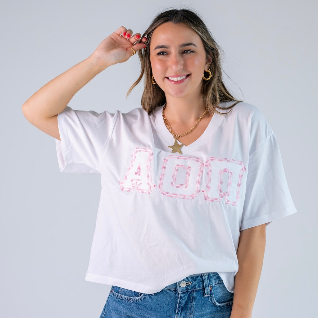 Rainbow Thread Greek Letter Slouchy V-Neck Shirt