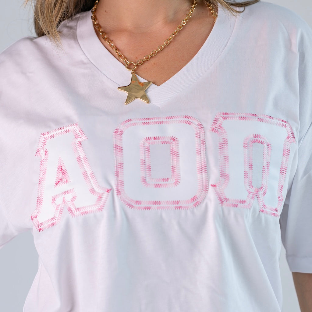 Rainbow Thread Greek Letter Slouchy V-Neck Shirt