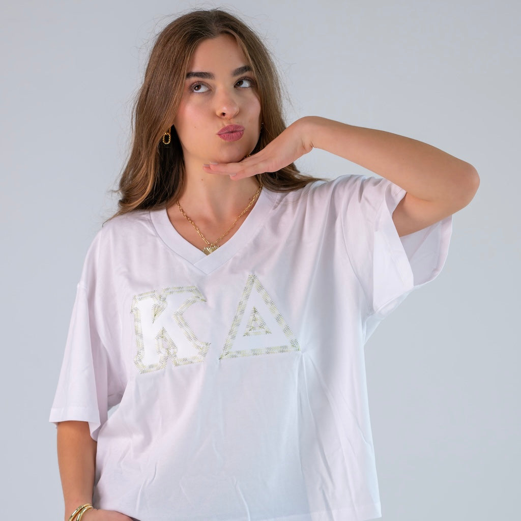 Rainbow Thread Greek Letter Slouchy V-Neck Shirt