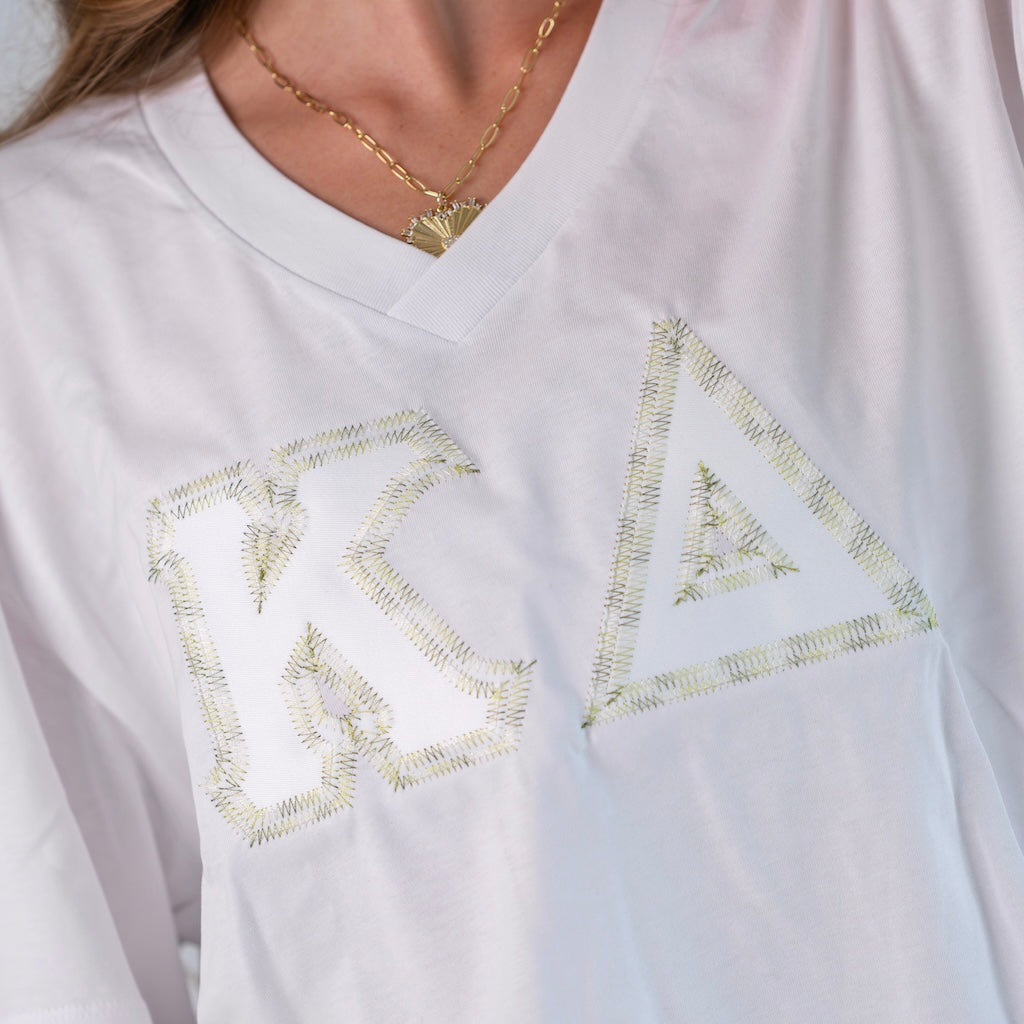 Rainbow Thread Greek Letter Slouchy V-Neck Shirt