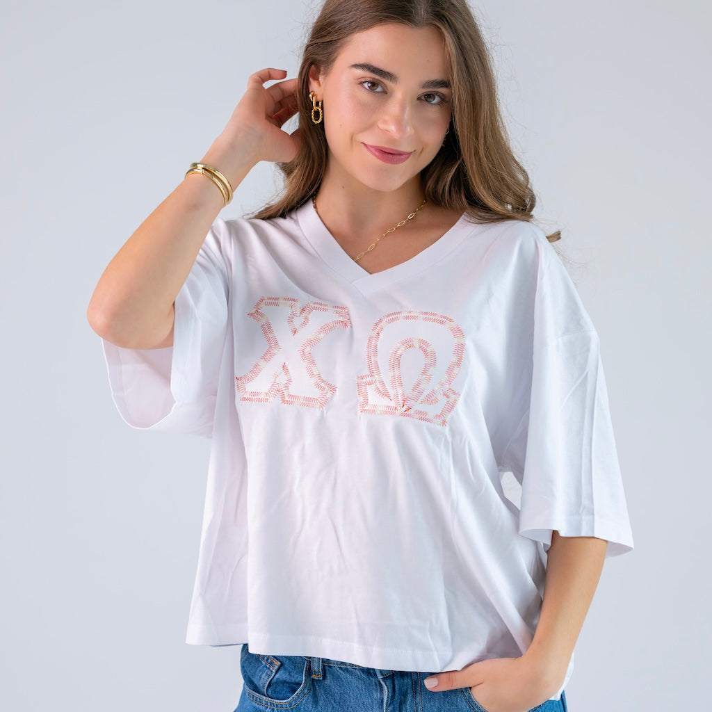 Rainbow Thread Greek Letter Slouchy V-Neck Shirt