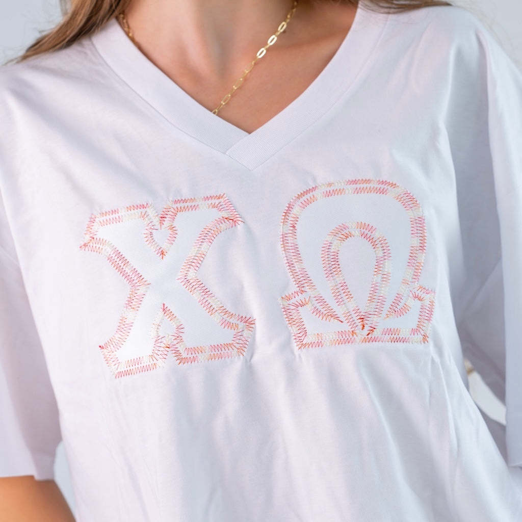 Rainbow Thread Greek Letter Slouchy V-Neck Shirt