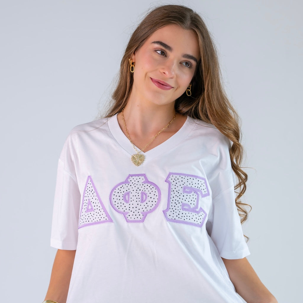 Black and White Polka Dot Greek Letter Slouchy V-Neck Shirt