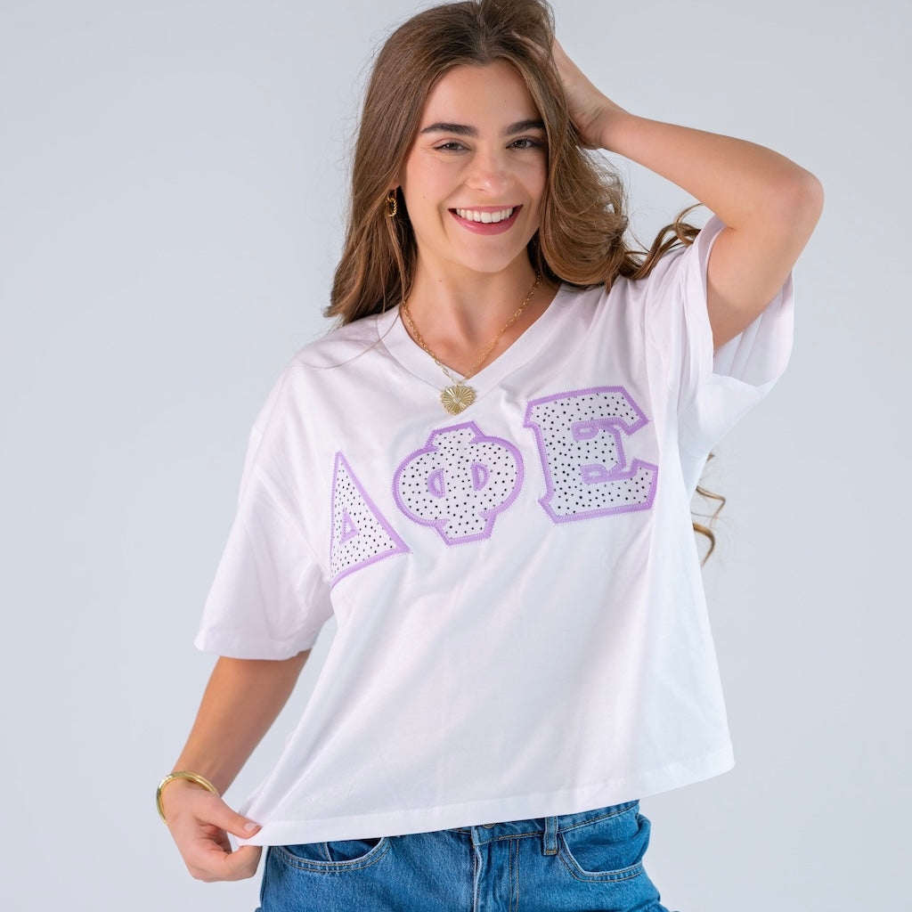 Black and White Polka Dot Greek Letter Slouchy V-Neck Shirt
