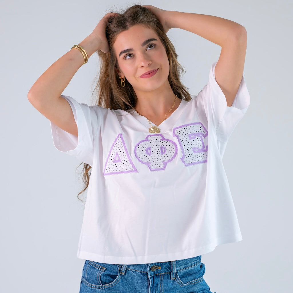 Black and White Polka Dot Greek Letter Slouchy V-Neck Shirt
