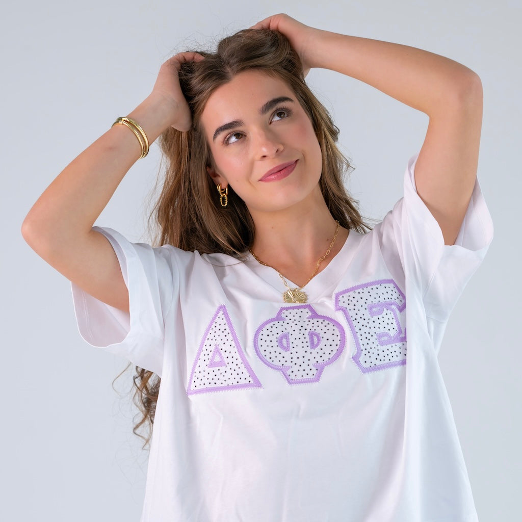 Black and White Polka Dot Greek Letter Slouchy V-Neck Shirt