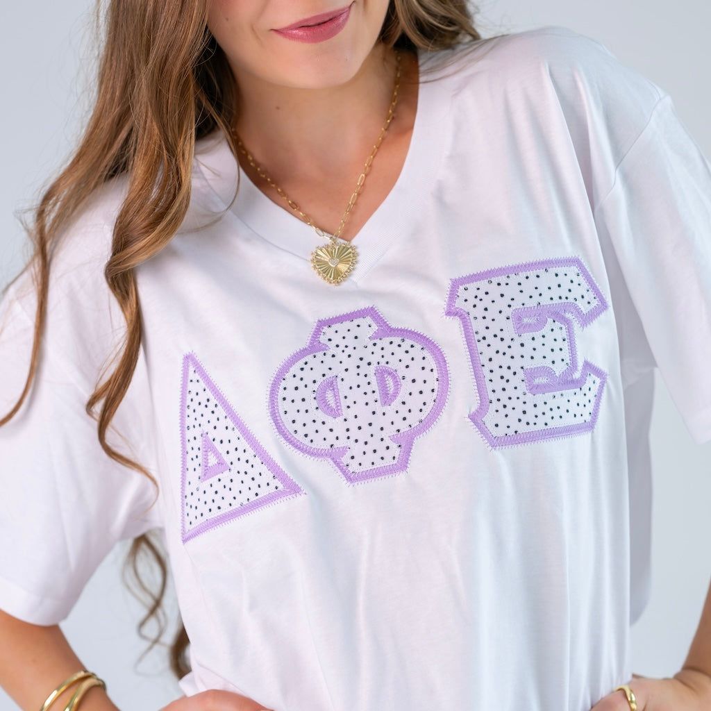 Black and White Polka Dot Greek Letter Slouchy V-Neck Shirt