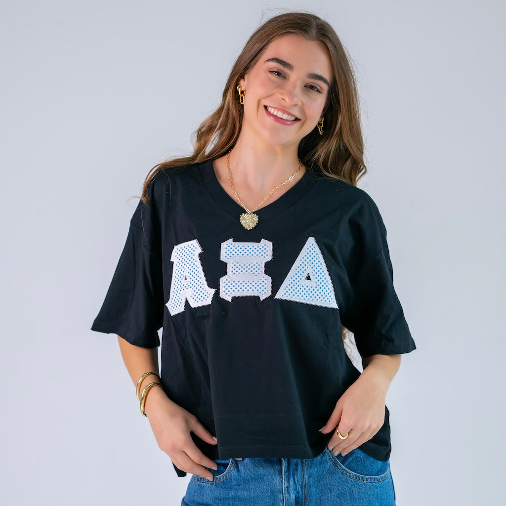 White and Blue Polka Dot Greek Letter Slouchy V-Neck Shirt - Alpha Xi Delta