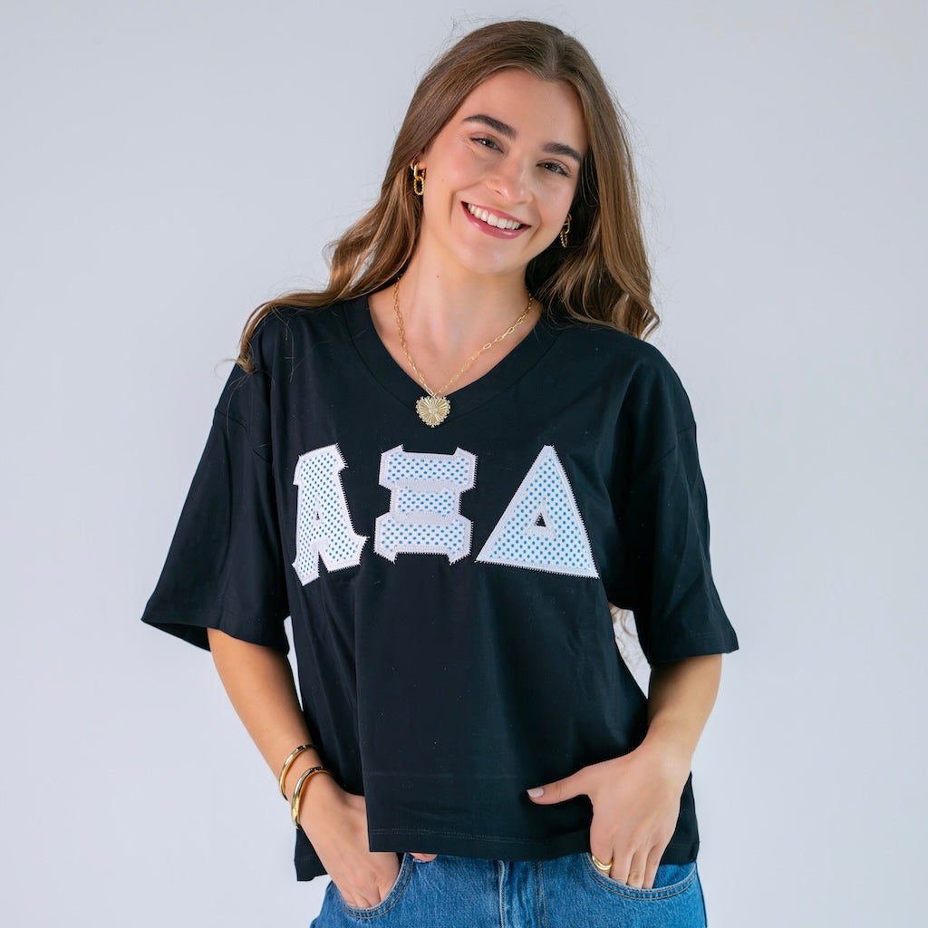 White and Blue Polka Dot Greek Letter Slouchy V-Neck Shirt