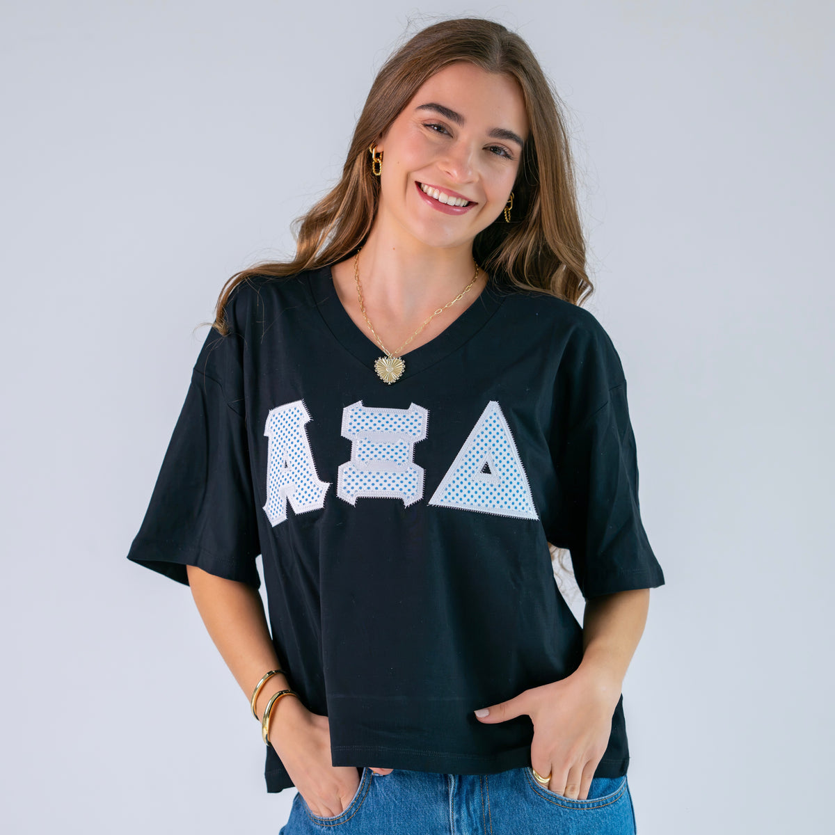 White and Blue Polka Dot Greek Letter Slouchy V-Neck Shirt