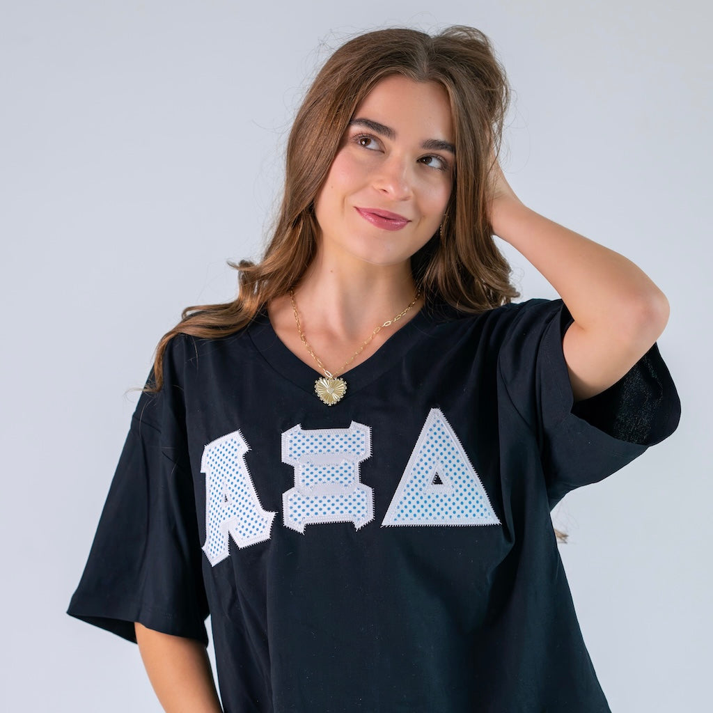 White and Blue Polka Dot Greek Letter Slouchy V-Neck Shirt - Alpha Xi Delta