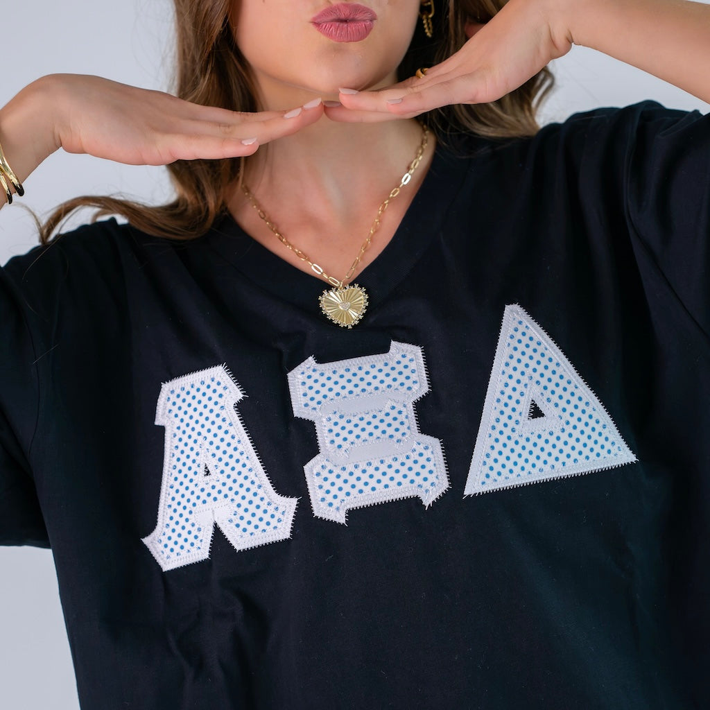 White and Blue Polka Dot Greek Letter Slouchy V-Neck Shirt - Alpha Xi Delta