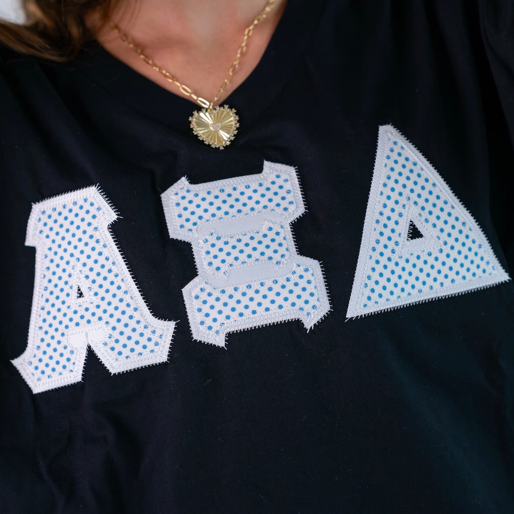 White and Blue Polka Dot Greek Letter Slouchy V-Neck Shirt - Alpha Xi Delta