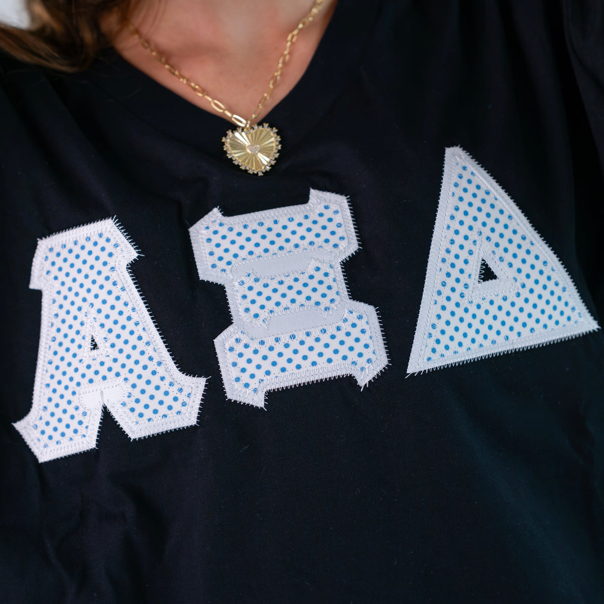 White and Blue Polka Dot Greek Letter Slouchy V-Neck Shirt