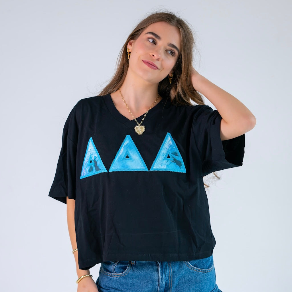 Blue Watercolor Marble Greek Letter Slouchy V-Neck Shirt - Delta Delta Delta