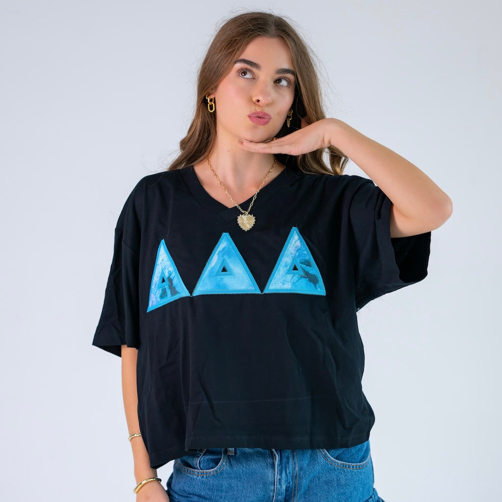 Blue Watercolor Marble Greek Letter Slouchy V-Neck Shirt - Delta Delta Delta