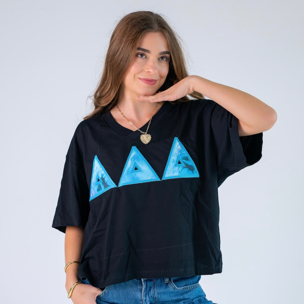 Blue Watercolor Marble Greek Letter Slouchy V-Neck Shirt - Delta Delta Delta