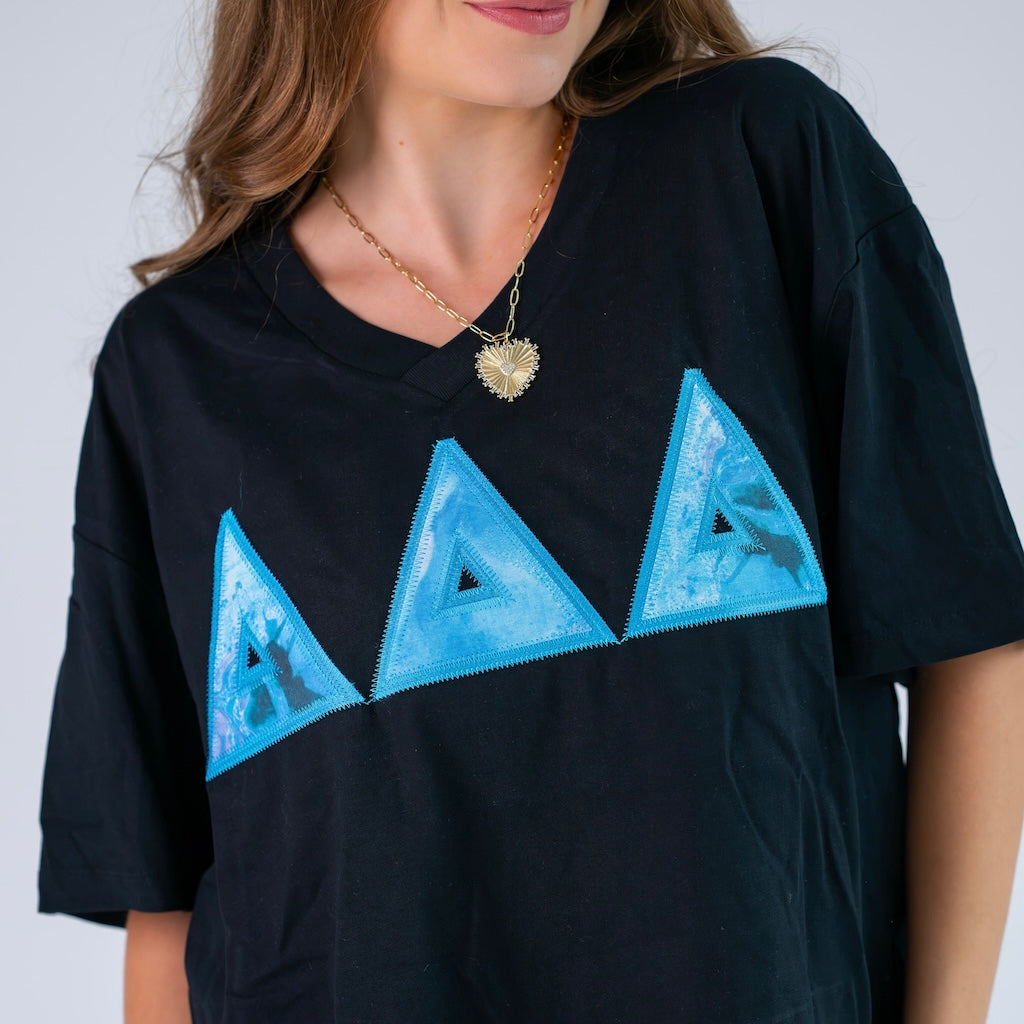 Blue Watercolor Marble Greek Letter Slouchy V-Neck Shirt - Delta Delta Delta