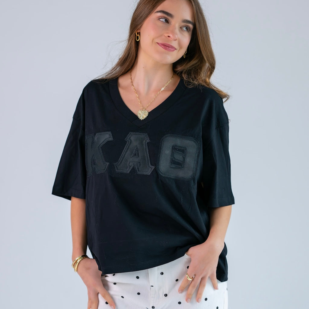 Black on Black Greek Letter Slouchy V-Neck Shirt - Kappa Alpha Theta
