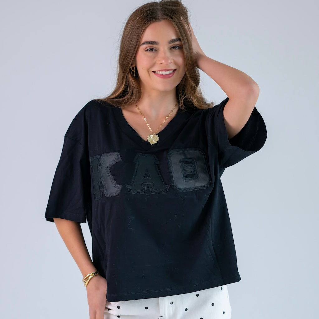 Black on Black Greek Letter Slouchy V-Neck Shirt - Kappa Alpha Theta