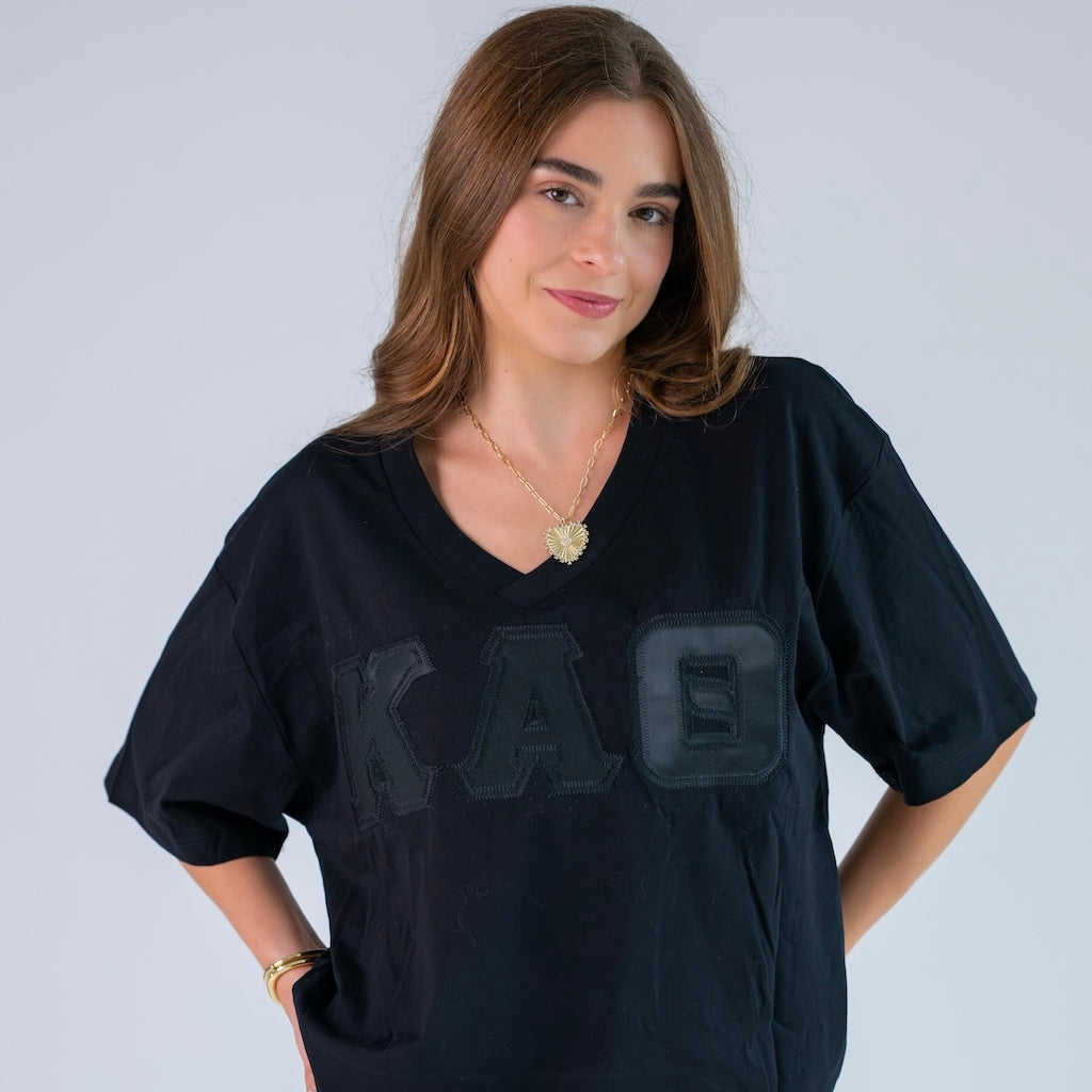 Black on Black Greek Letter Slouchy V-Neck Shirt - Kappa Alpha Theta