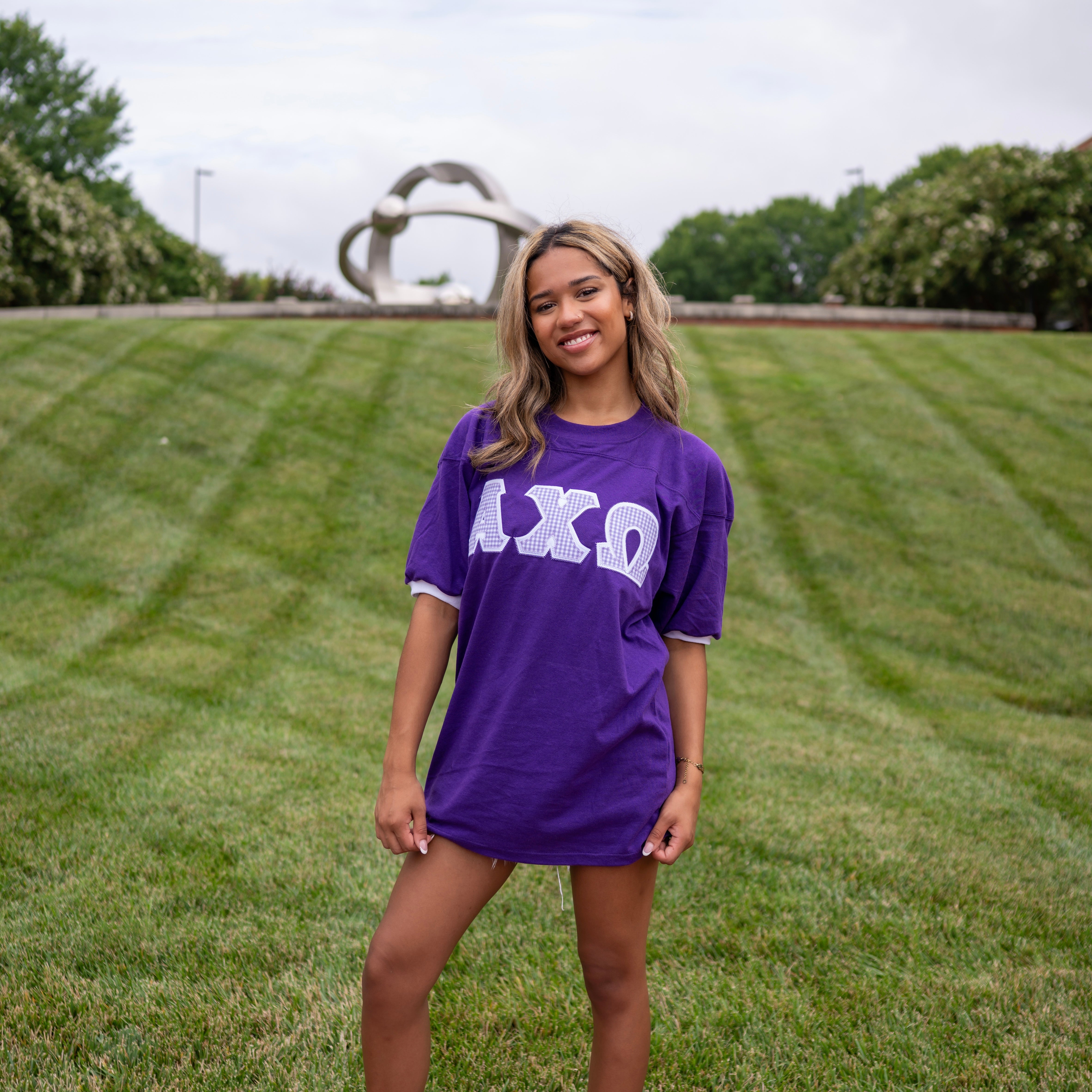 Light Purple Gingham Greek Letter Crew Neck Jersey