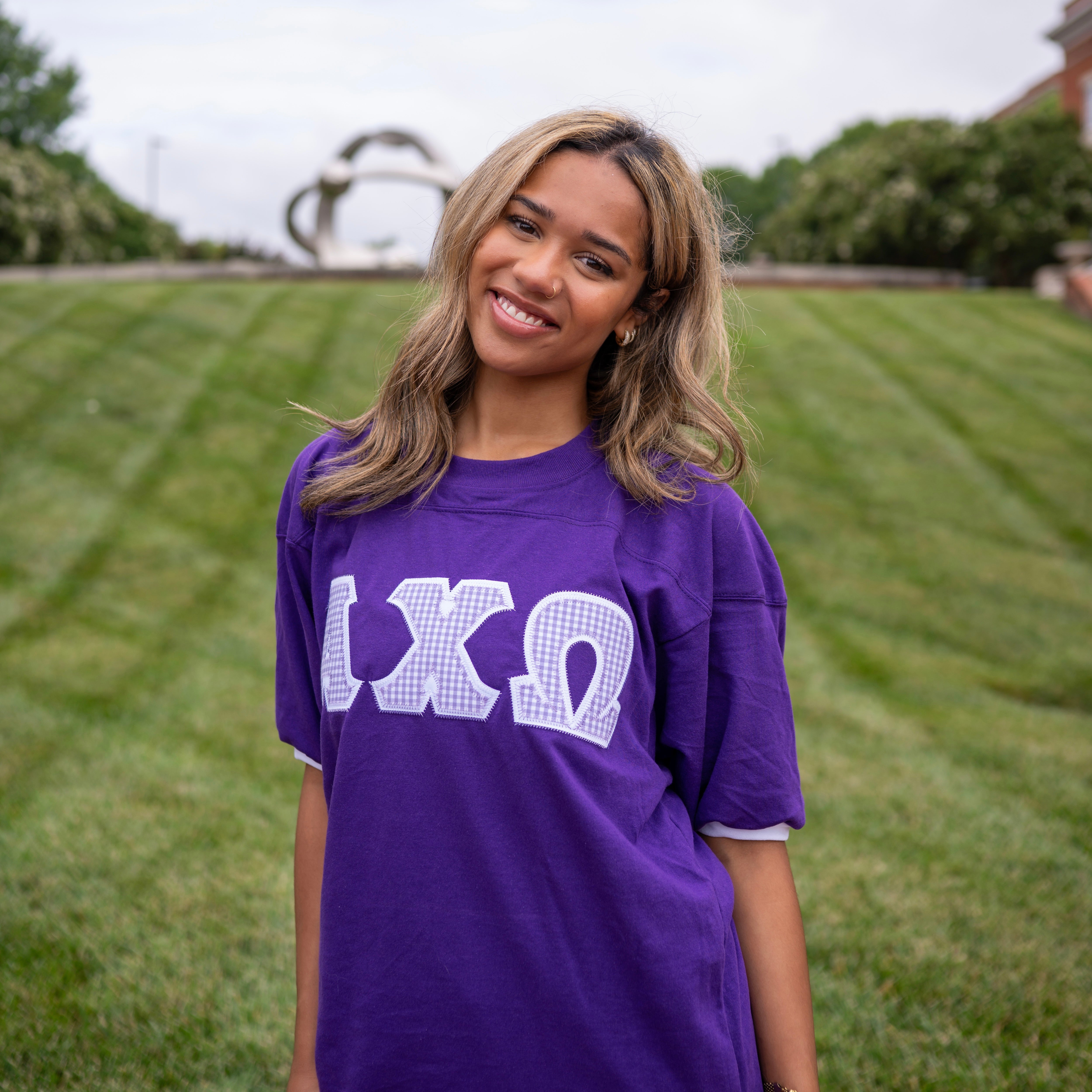 Light Purple Gingham Greek Letter Crew Neck Jersey