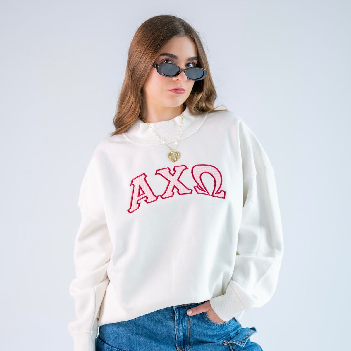 That Girl Gingham Greek Letter Mockneck Sweatshirt - Alpha Chi Omega