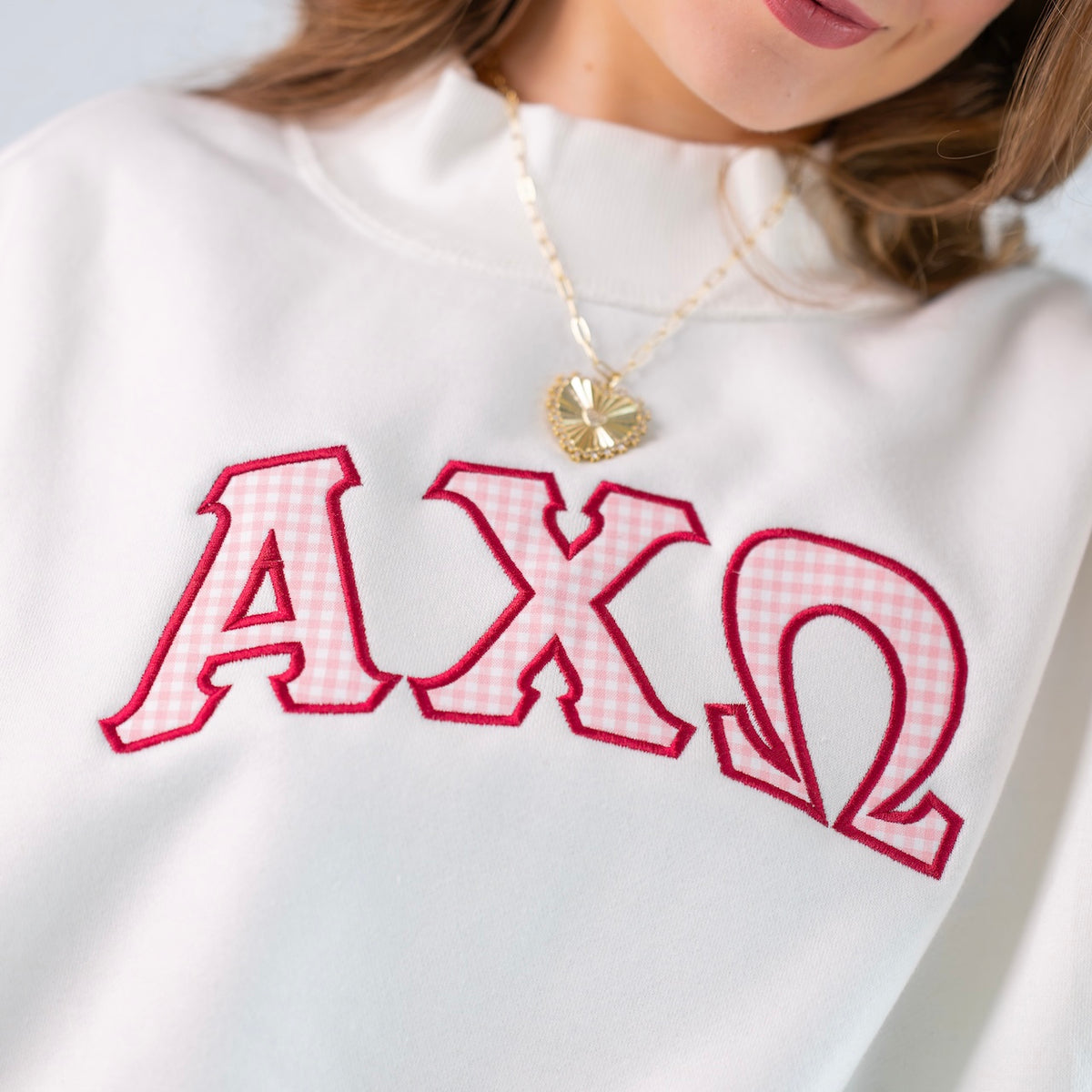 That Girl Gingham Greek Letter Mockneck Sweatshirt - Alpha Chi Omega