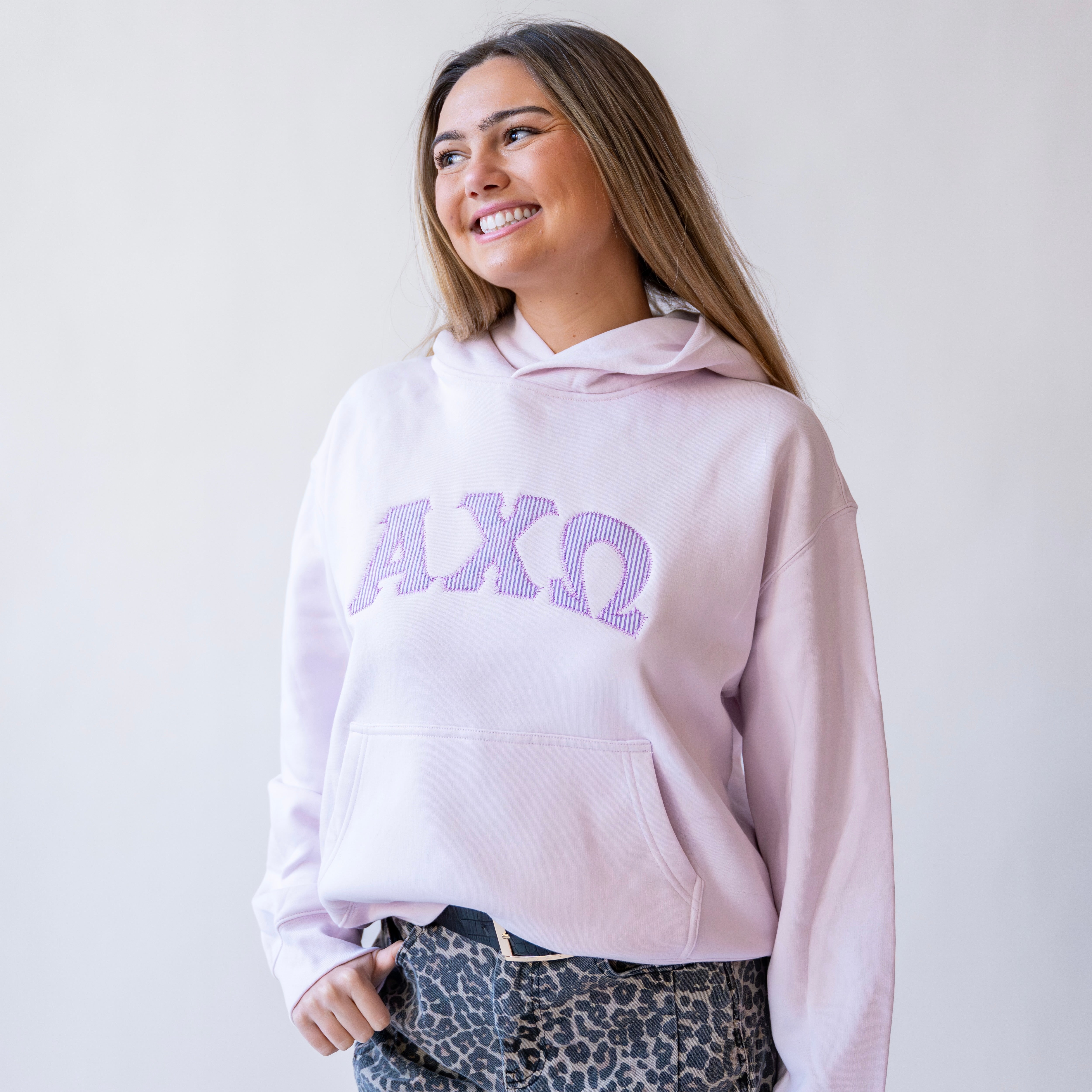 That Girl Curved Purple Seersucker Embroidered Hoodie Sweatshirt