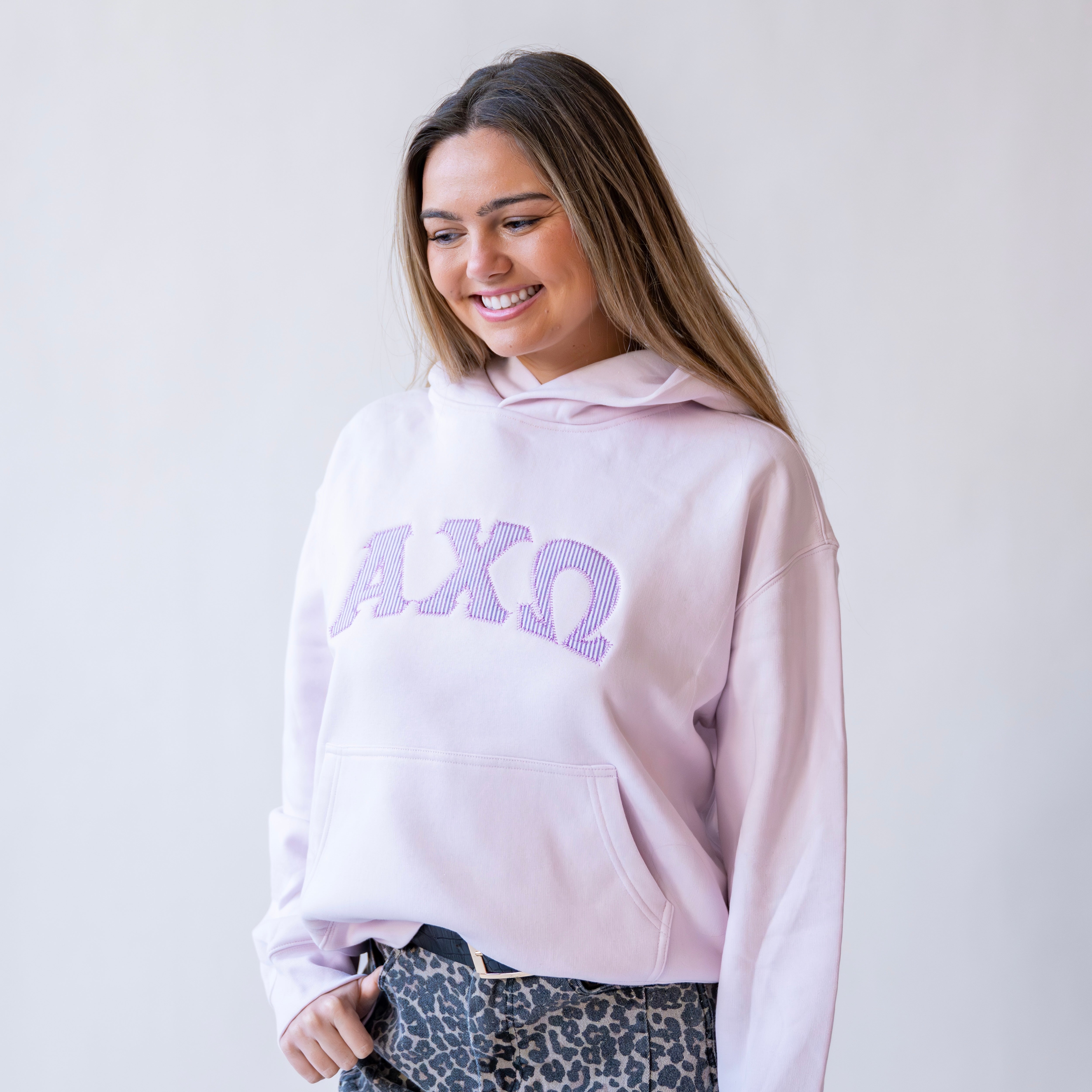That Girl Curved Purple Seersucker Embroidered Hoodie Sweatshirt